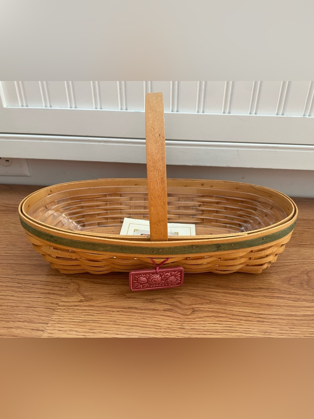 Longaberger Peony Oval Woven Basket with Green Accent, Protector and Red Tie-On